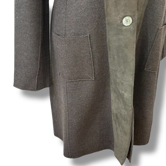 Eileen Fisher Size M L Brown Merino Wool + Lamb Leather Coatigan Jacket Coat - Picture 5 of 9